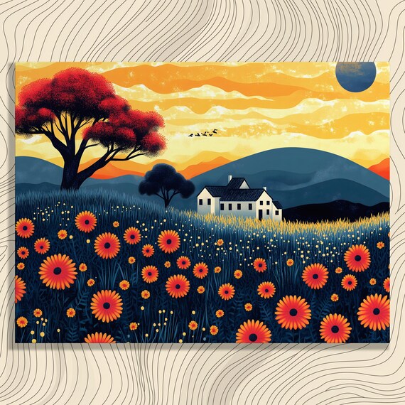 Vibrant Red Flower Field Farmhouse Sunset Folk Art Landscape Poster
