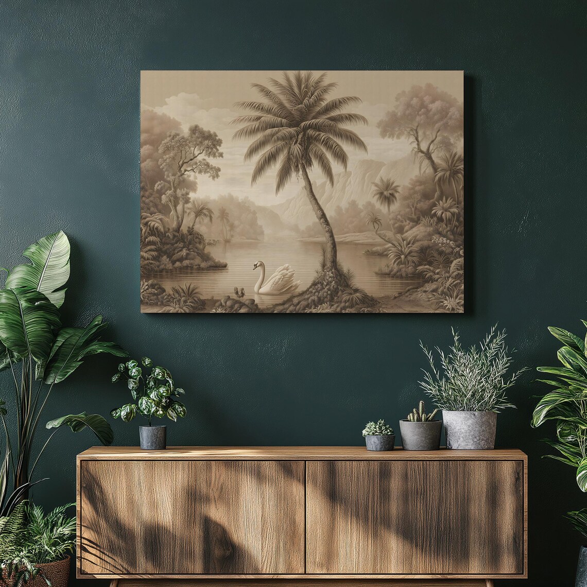 Serene Tropical Swan Sepia Palm Lake Vintage Botanical Poster