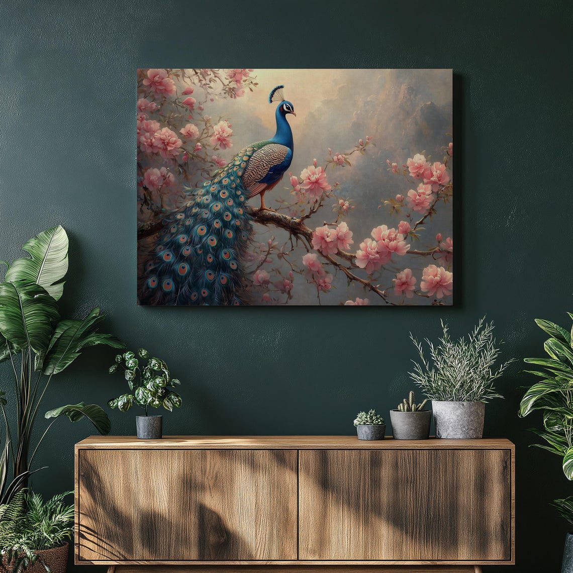 Regal Peacock With Long Tail Among Blush Cherry Blossoms Poster