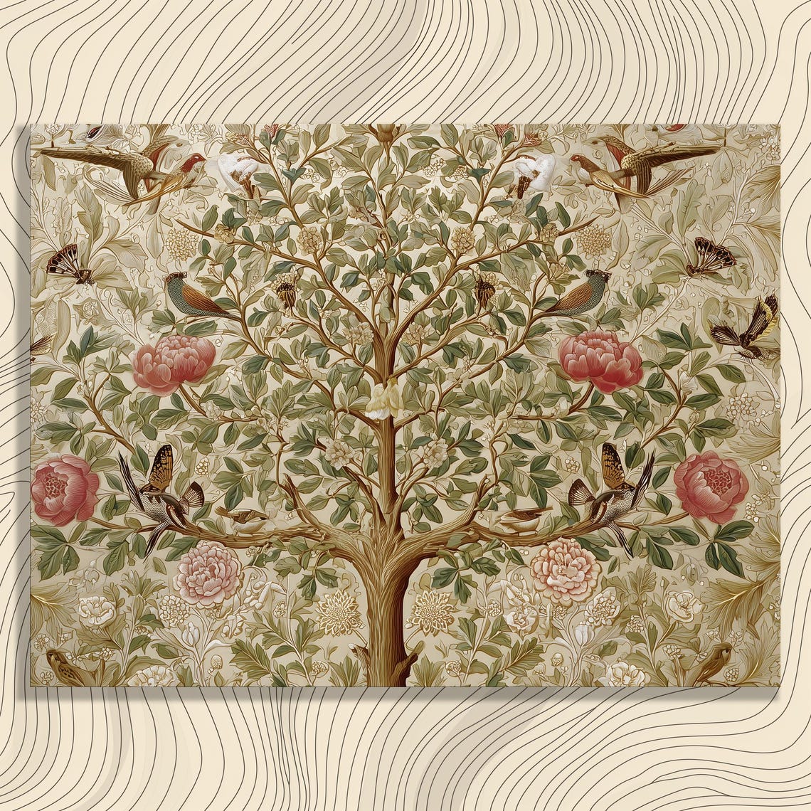 William Morris Style Tree of Life Birds Peony Botanical Art Poster