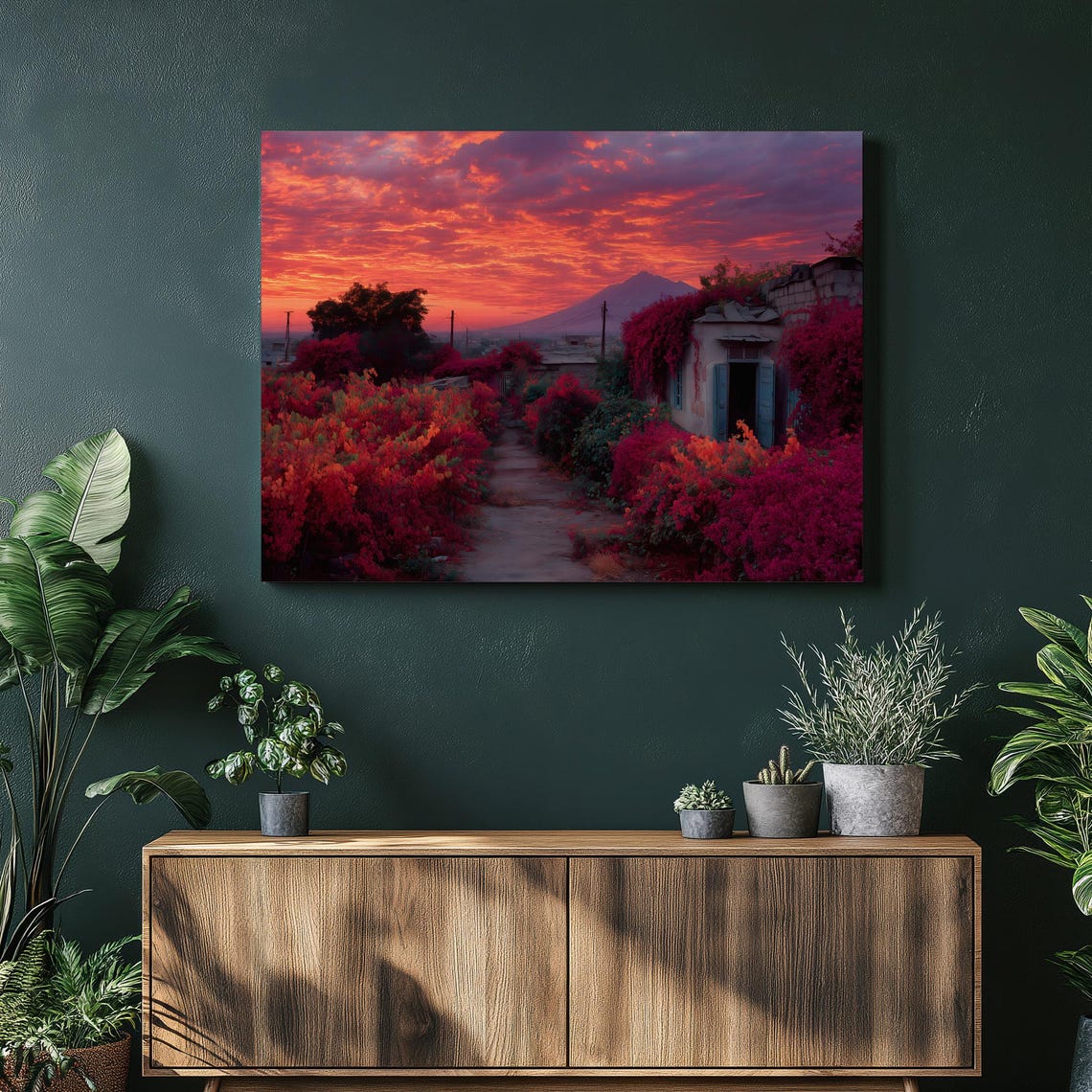 Sunset Pathway Through Red Bougainvillea Village Floral Poster