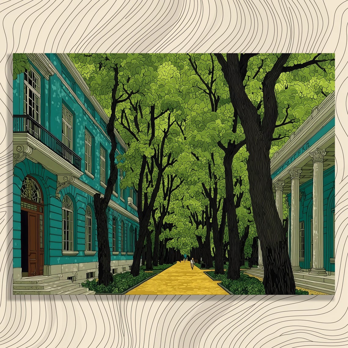 Tree Lined Avenue Classic Teal Buildings Modern Illustration Poster