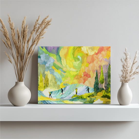 Surfers Ocean Canvas Wall Art Vibrant Coastal Seascape Waves Under A Swirling Sky Colorful Beach Surfing Illustration For Decor