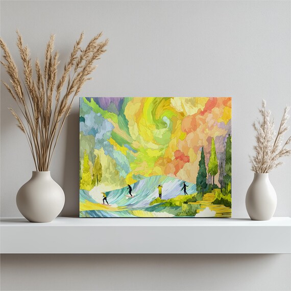 Surfers on Ocean Wave Print Vibrant Impressionist Surf Art Coastal Decor