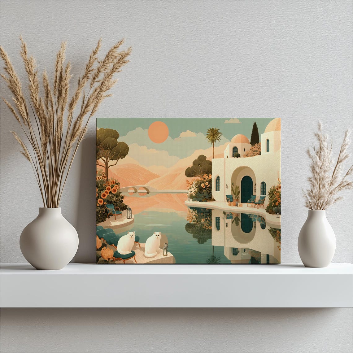 Mediterranean Villa Two Cats Coastal Sunset Terrace Art Poster