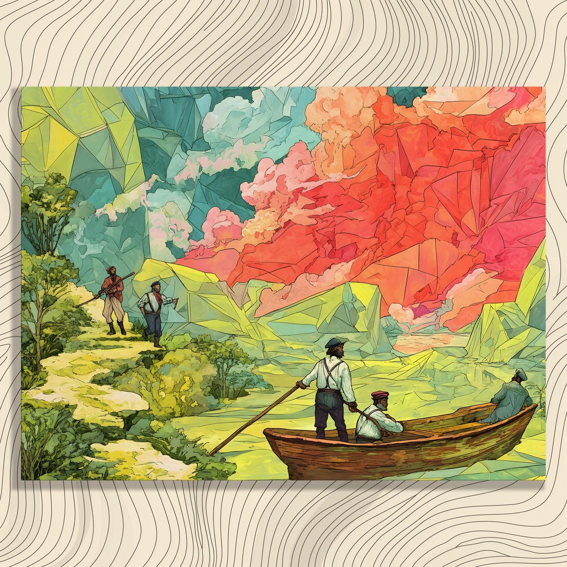 Surreal Geometric Mountain River Poster Low Poly Boaters Landscape