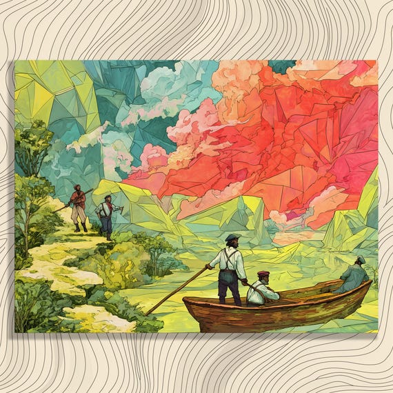 Surreal Mountain River Canvas Wall Art Abstract Geometric Landscape Boat Painting Nature Artwork Modern Decor Print Cubist Style