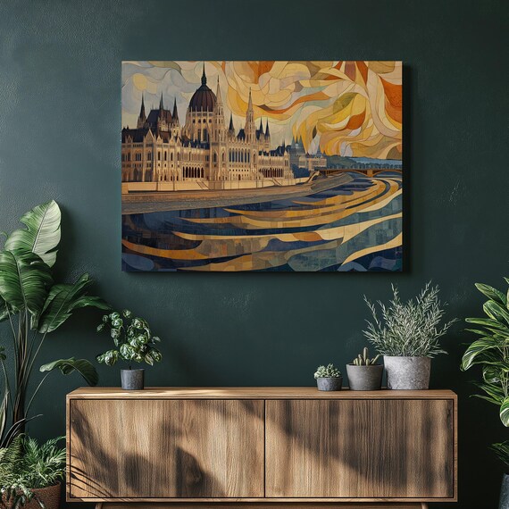 Hungary Canvas Wall Art Budapest Parliament Building On Danube River Modern Colorful Cityscape Painting For Home Decor And Office