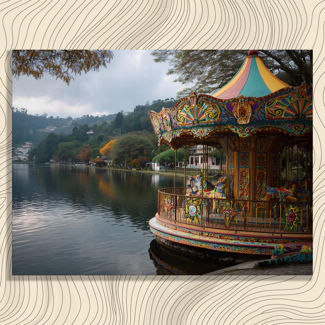Colorful Lakeside Carousel Fairground Autumn Landscape Poster