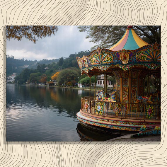 Colorful Lake Carousel Canvas Wall Art Whimsical Fairground Autumn Lakeside Landscape Reflective Water Mountain View Bohemian Decor Print