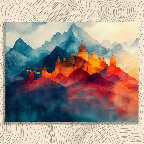 Mystical Mountain Temples Canvas Wall Art Colorful Landscape Painting Watercolor Mountains Temple Decor Bohemian Lifestyle Print