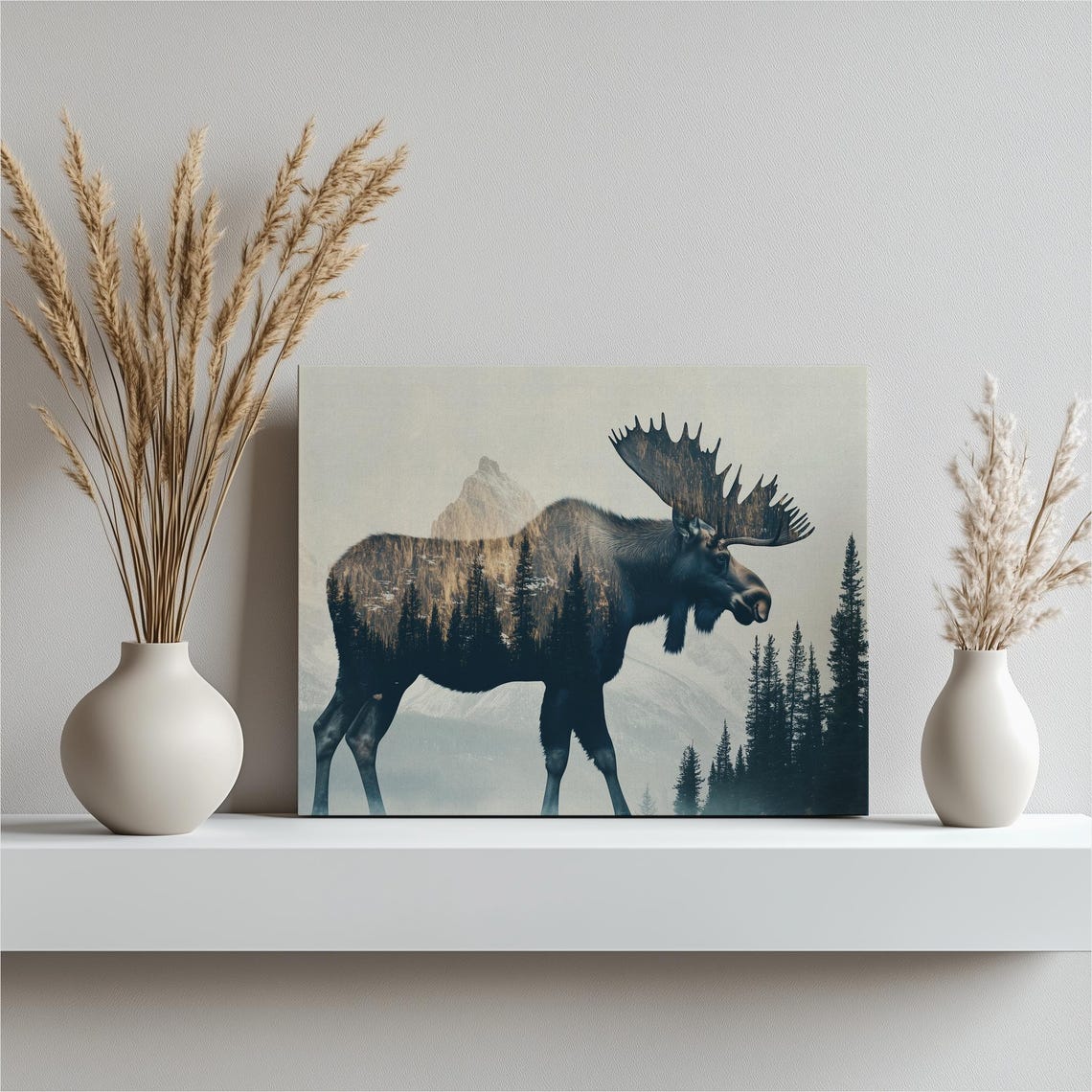 Majestic Moose Double Exposure Forest Mountain Canvas Wall Art