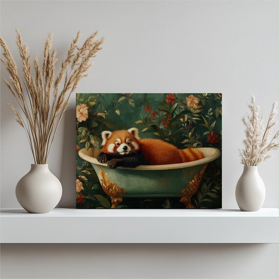 Red Panda Canvas Wall Art Vintage Wallpaper Lush Plants Elegant Composition Soft Pastels Detailed Oil Painting Rich Colors Animal