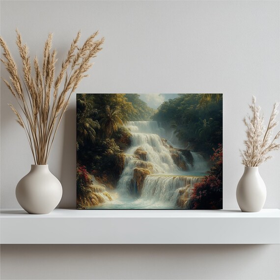 Lush Jungle Cascading Waterfall Tropical Rainforest Nature Art Poster