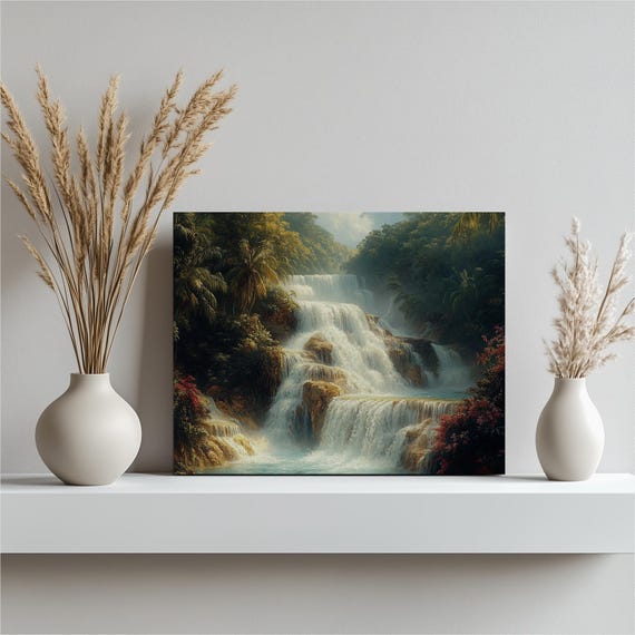 Tropical Waterfall Canvas Wall Art Vibrant Green Blue Nature Landscape Print For Living Room Bedroom Office Hallway Decor