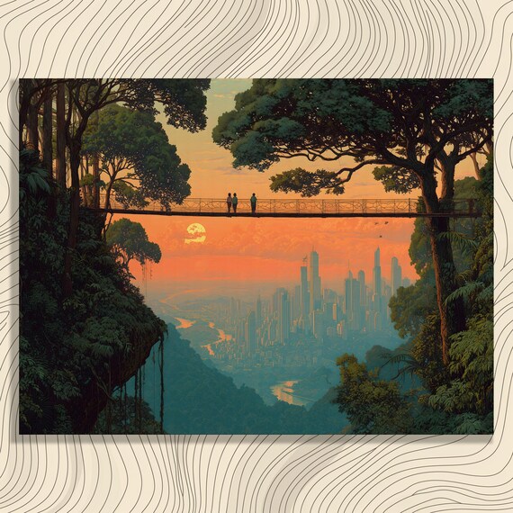 Forest Bridge Cityscape Canvas Wall Art Futuristic City Skyline Print Modern Landscape Decor Nature Painting Colorful Treetop Sunset