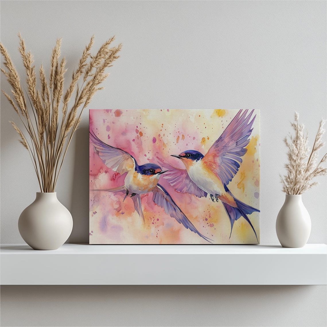 Two Wild Swallows In Flight Watercolor Birds Pink Floral Wall Art