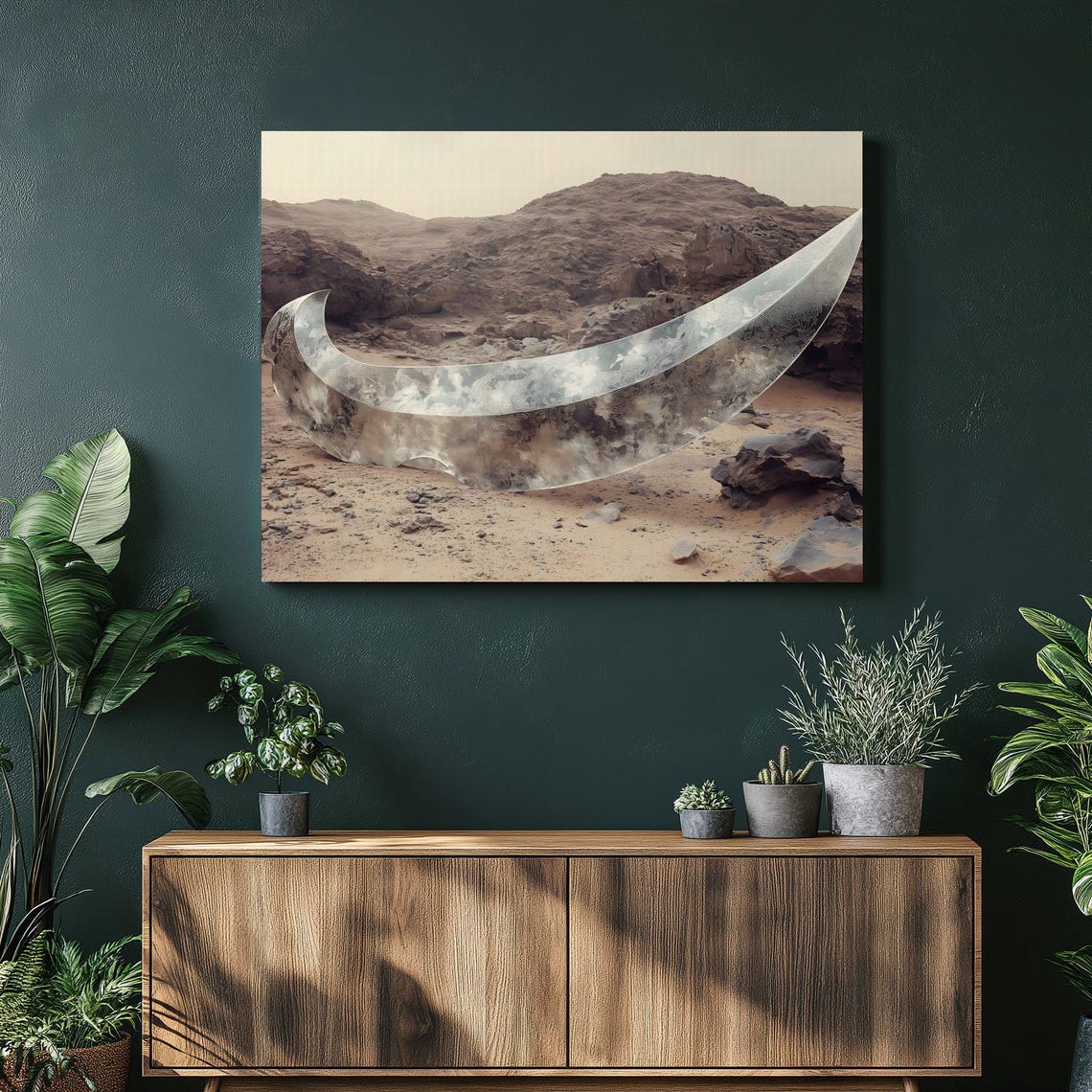 Omani Khanjar Dagger Canvas Wall Art Silver Blade Desert Landscape Print