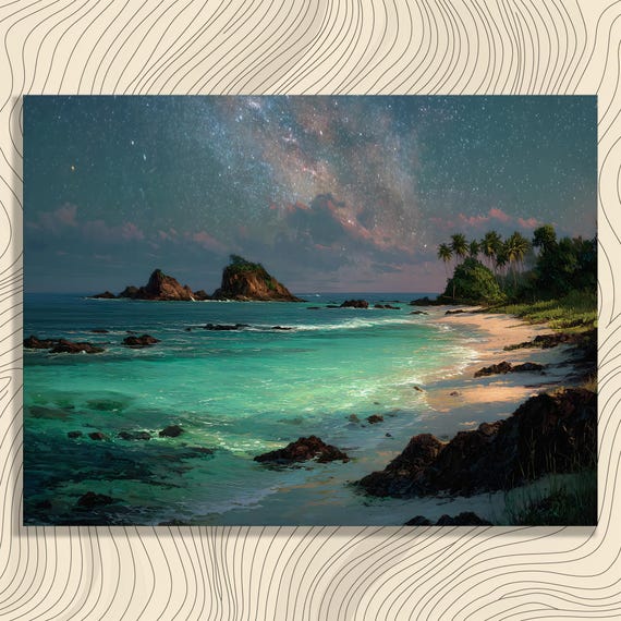 Tropical Beach Canvas Wall Art Starry Sky Milky Way Coastal Seascape Palm Trees Island Shoreline Night Ocean Print Astronomy Gift