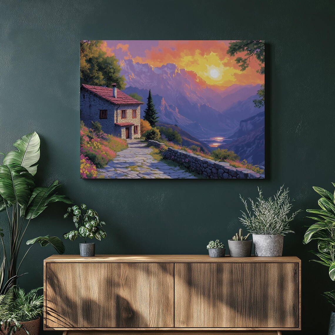 Mountain Village Sunset Stone House Red Roof Painting Poster