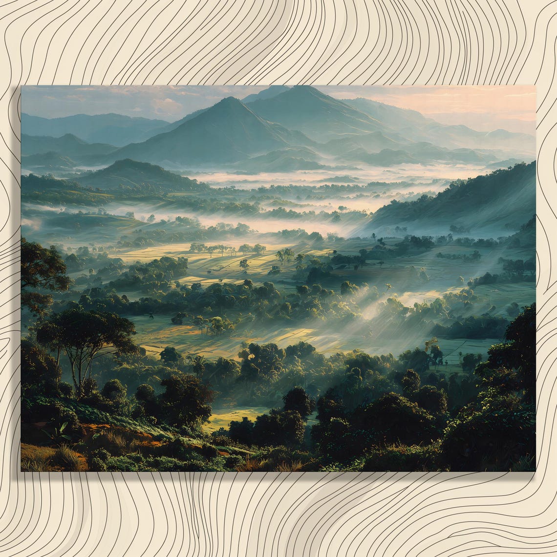 Serene Mountain Sunrise Misty Valley Sunbeams Forest Morning Poster