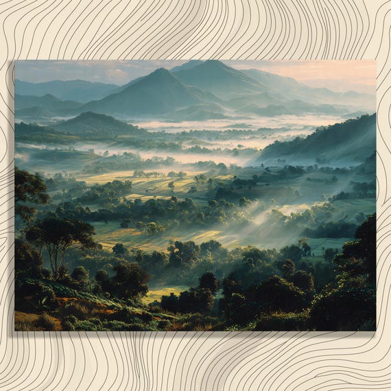 Serene Mountain Sunrise Canvas Wall Art Misty Valley Landscape Print Scenic Nature Modern Decor Colorful Forest View