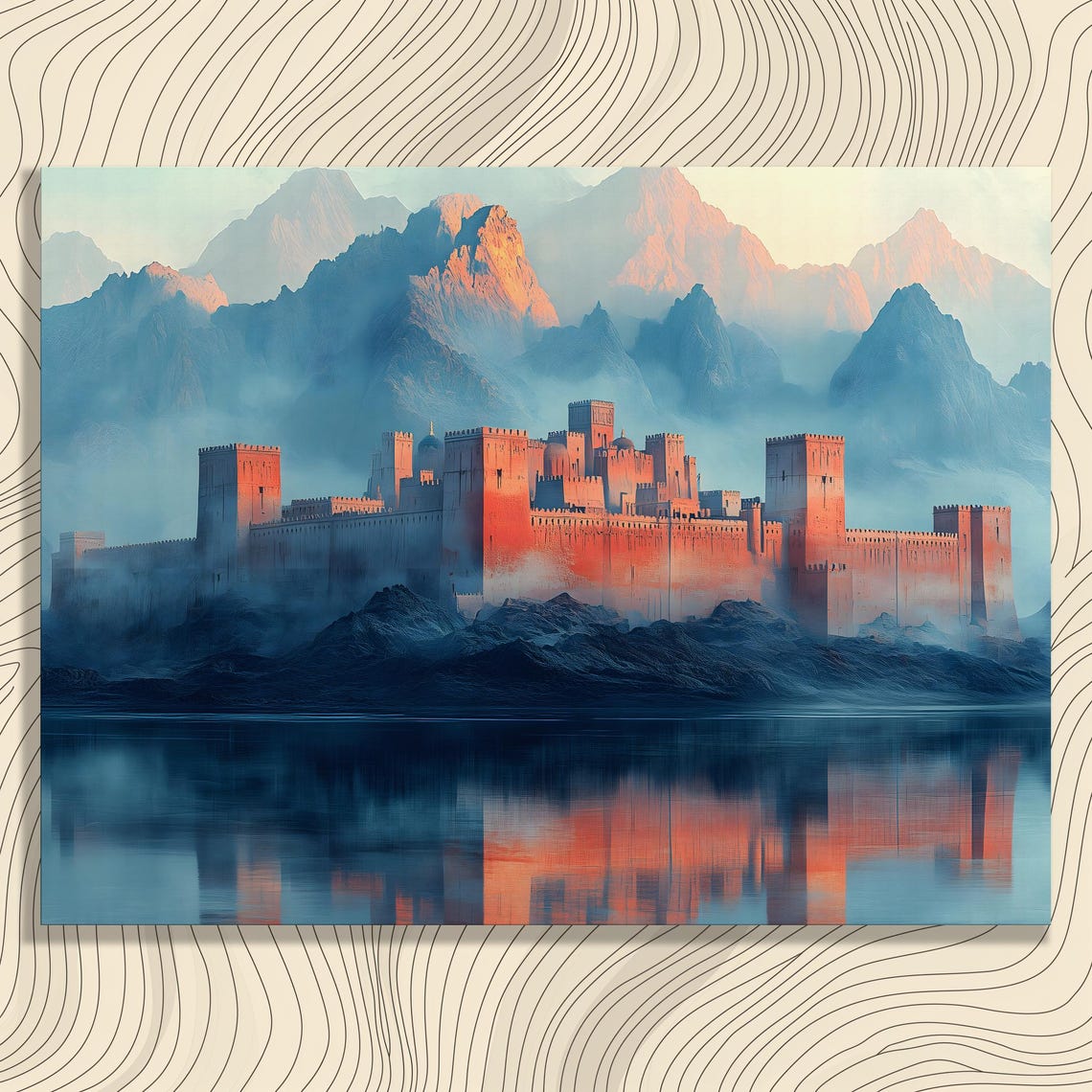 Misty Mountain Castle Lake Reflection Sunrise Glow Fantasy Poster