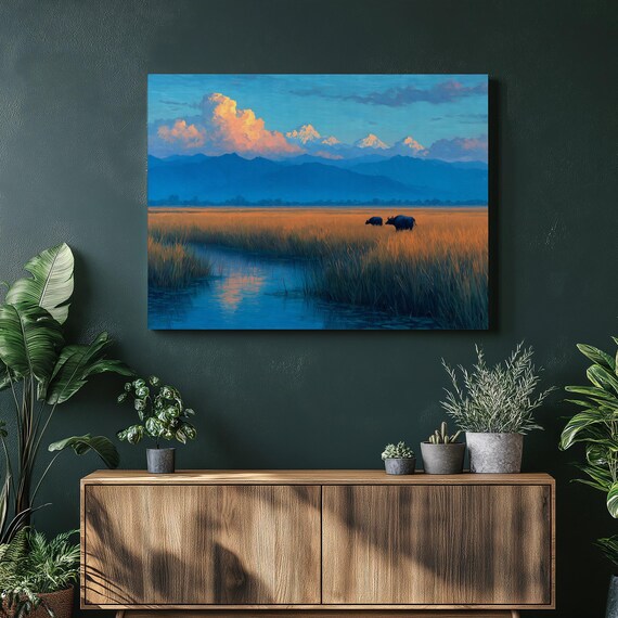 Water Buffalo Sunset Canvas Wall Art Colorful Nature Print With Mountain Wetlands Glowing Clouds Reflective Wildlife Painting