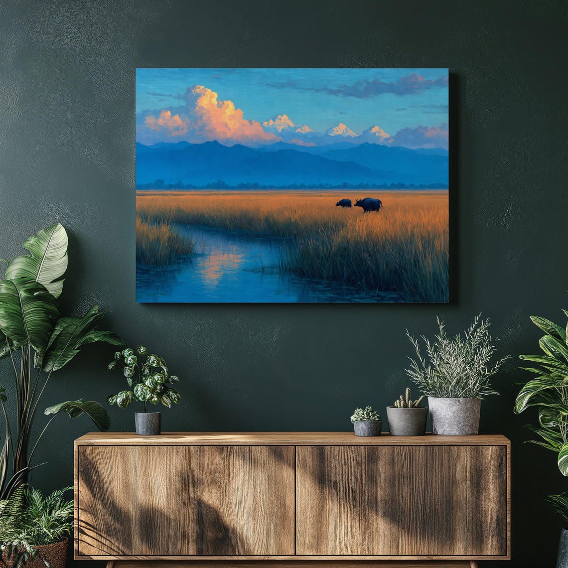 Water Buffalo Golden Marsh Sunset Mountain Landscape Art Poster