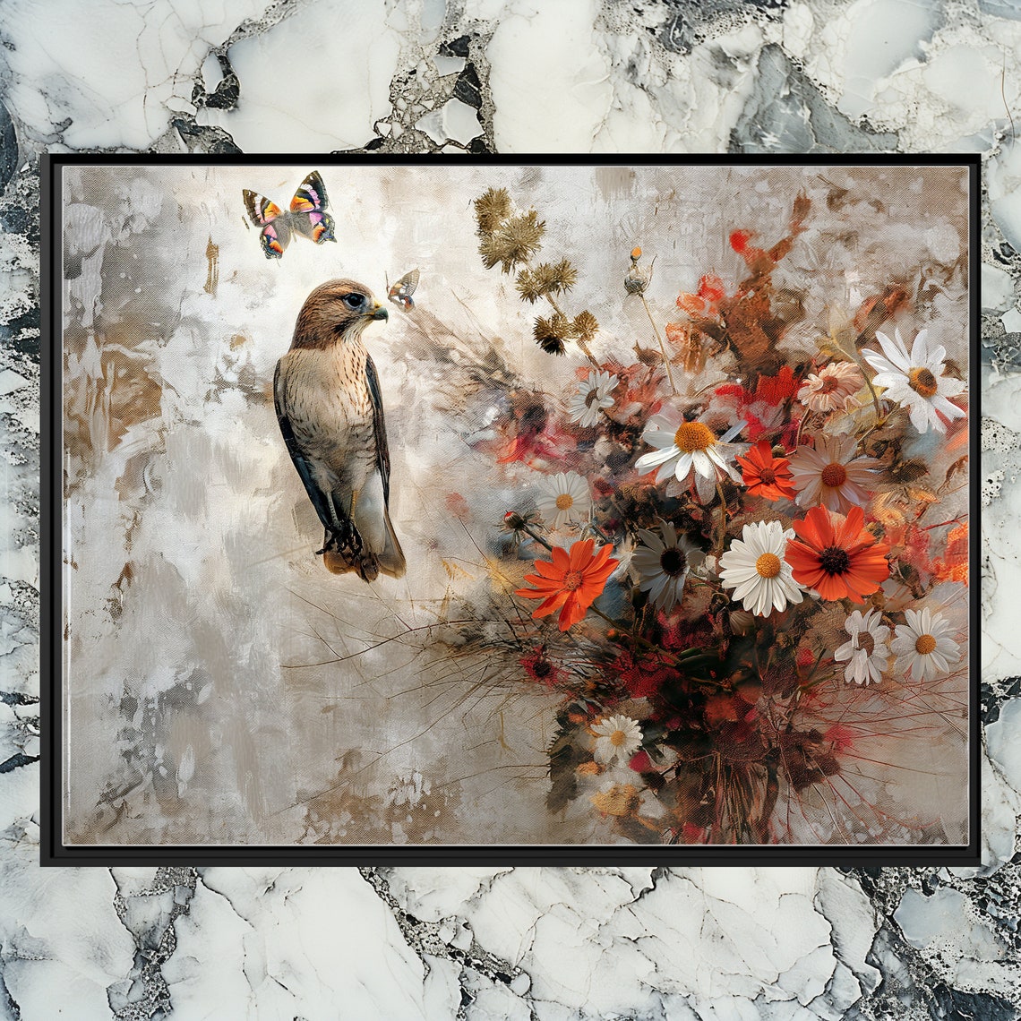 Wild Hawk Among Wildflowers Painterly Bird of Prey Nature Poster