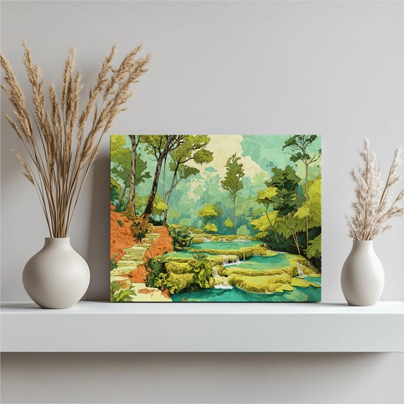 Guatemala Turquoise Pools Canvas Wall Art Tropical Waterfall Lagoon Illustration Jungle Landscape Print Nature Travel Decor Scenery