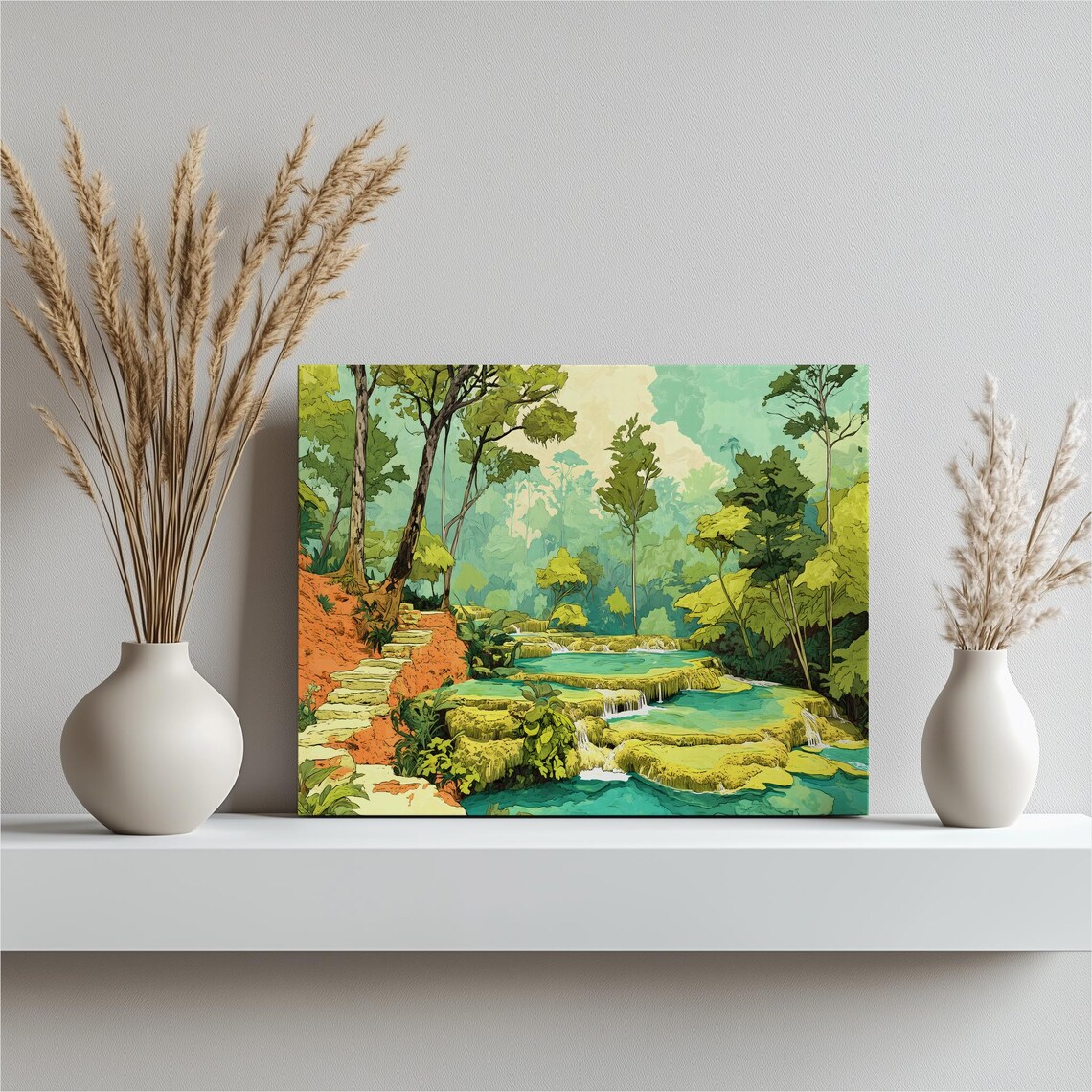 Guatemala Turquoise Terraced Waterfall Pools Jungle Illustration Poster