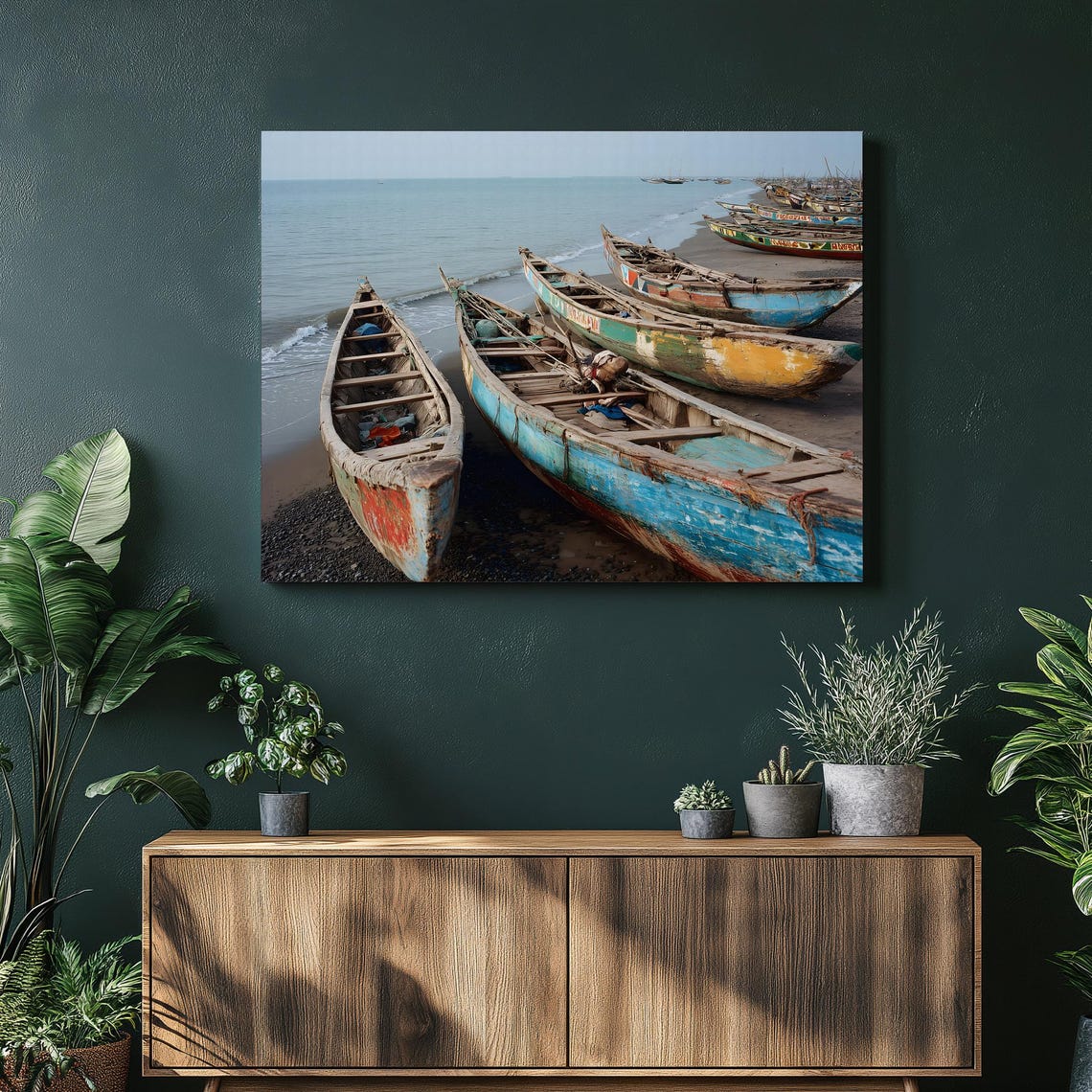 Colorful Fishing Boats Canvas Wall Art Tropical Coastal Seascape Ocean Photo Print Wooden Nautical Beach Painting