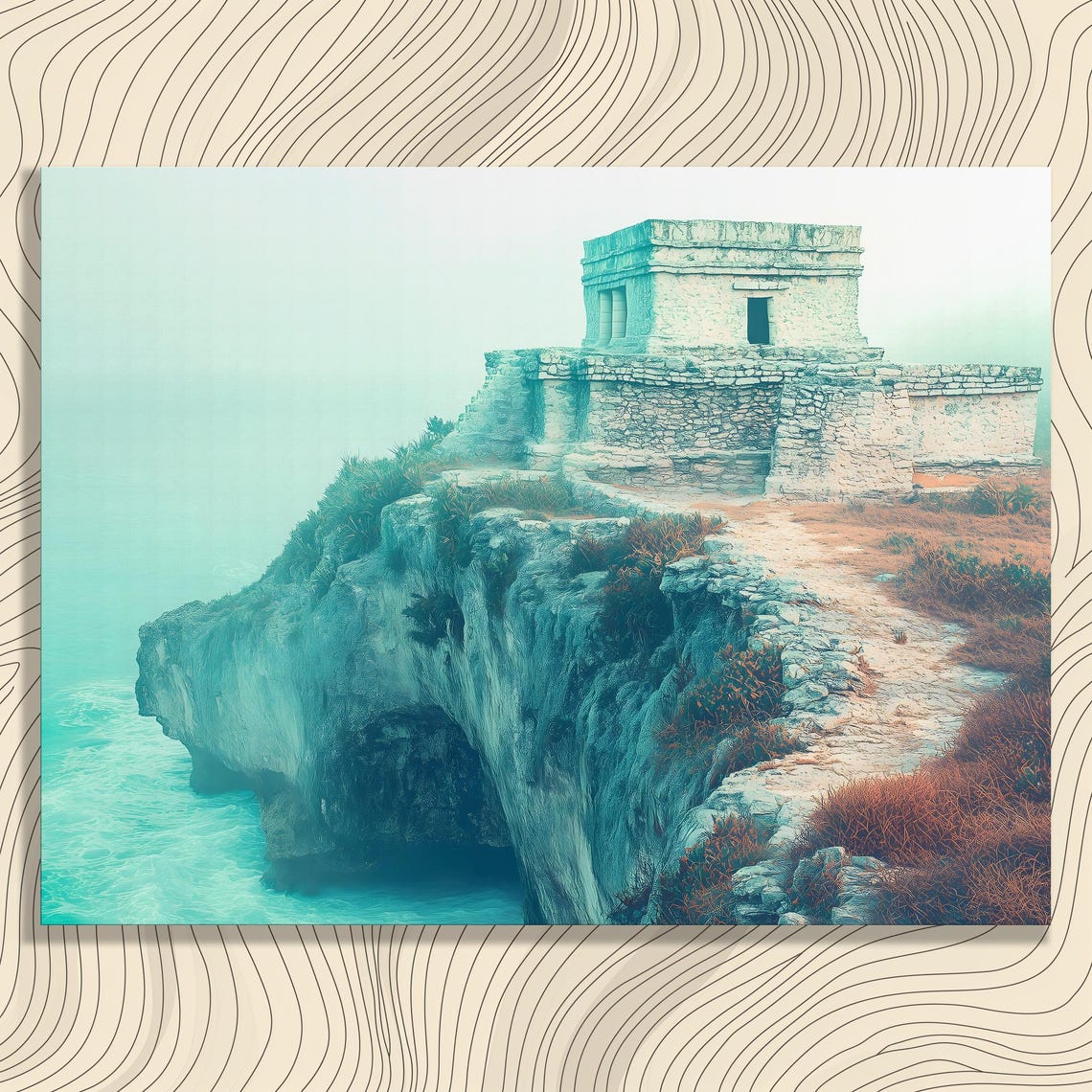Ancient Cliffside Temple Ruins Above Misty Turquoise Ocean Wall Art