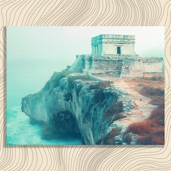 Ancient Cliffside Temple Ruins Above Misty Turquoise Ocean Wall Art