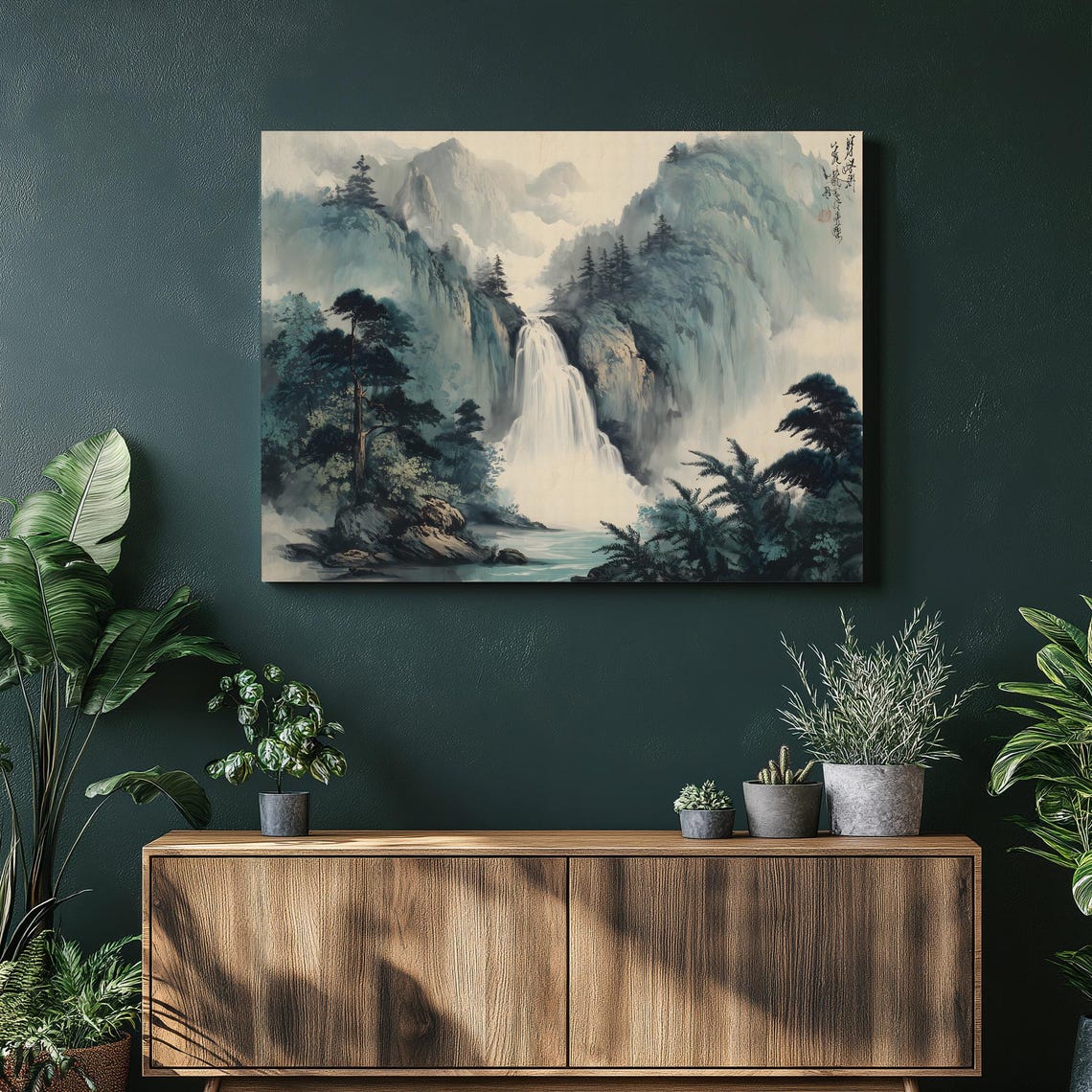Misty Mountain Waterfall Ink Wash Asian Landscape Art Poster
