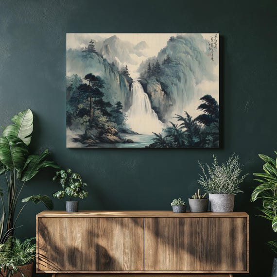 Misty Mountain Waterfall Canvas Wall Art Traditional Ink Wash Painting Asian Inspired Landscape Pine Grove Serene River Valley Print
