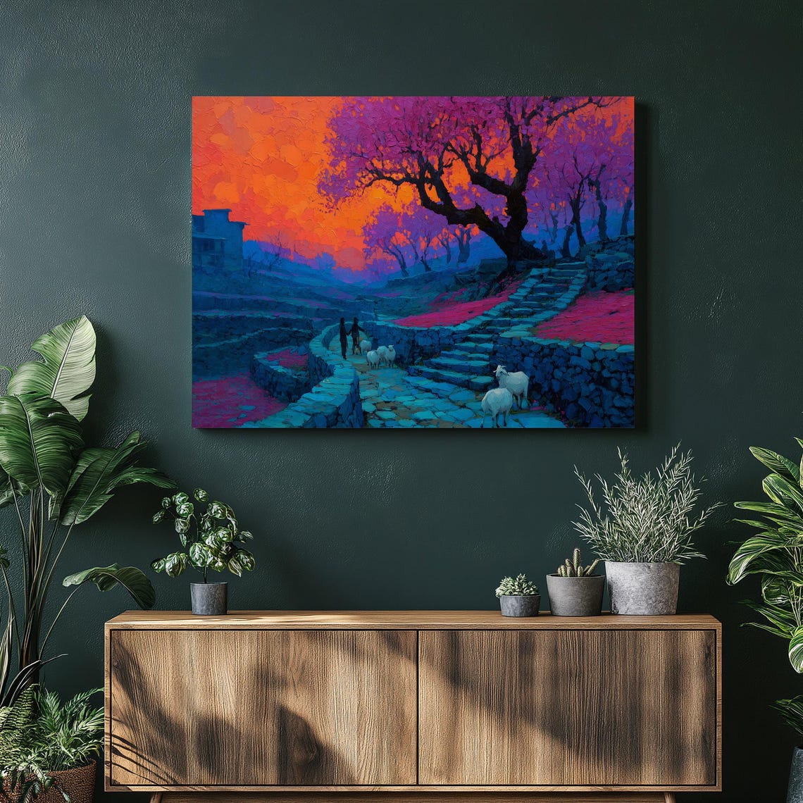 Twilight Village Goats Stone Steps Vibrant Orange Sky Landscape Poster