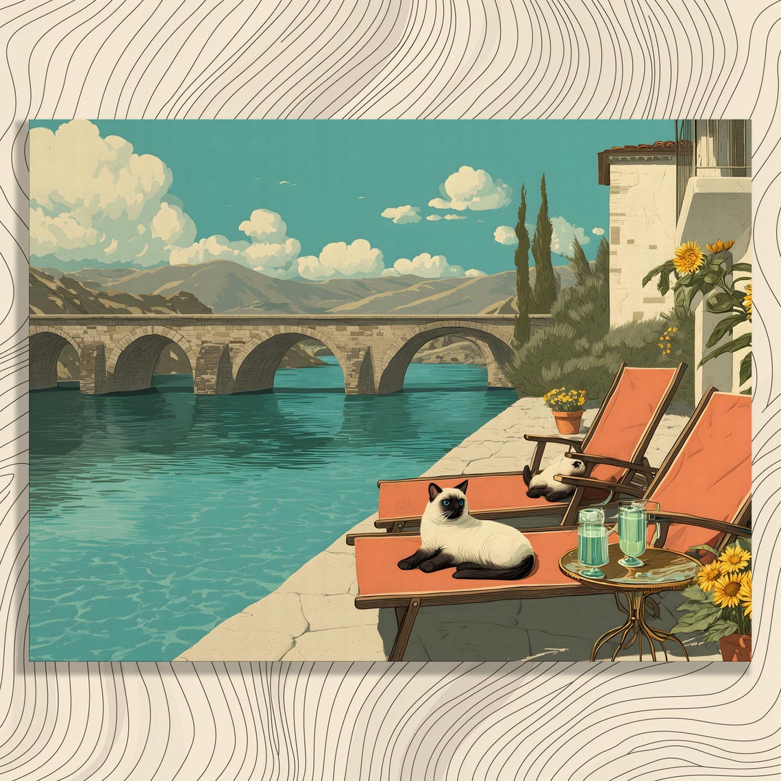 Siamese Cats Lounging By Riverside Retro Coastal Travel Poster