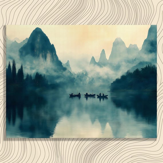 China Guilin Karst River Canvas Wall Art Misty Mountain Landscape Reflections With Fishing Boats Tranquil Foggy Lake Scenery Print Decor