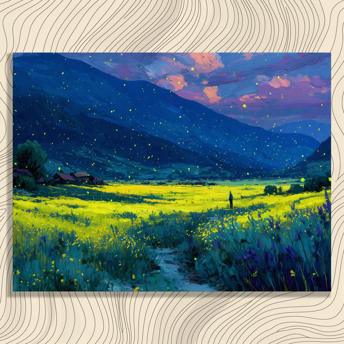 Firefly Flower Field Dusk Mountain Valley Landscape Poster Art
