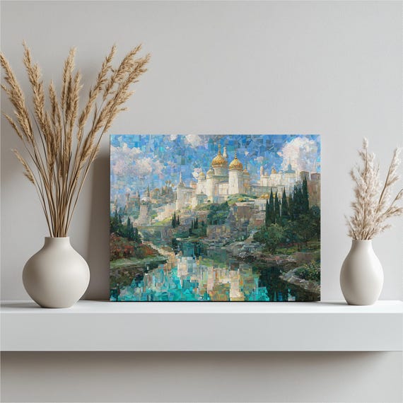 Russian Castle Canvas Wall Art Mosaic Landscape Painting With Lake Reflection For Decor Print Premium Gift