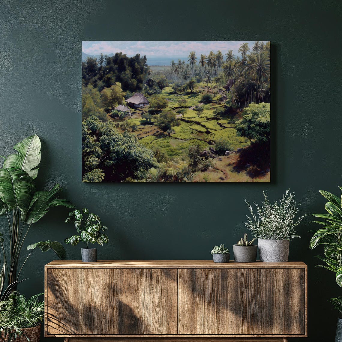 Lush Tropical Rice Terrace Valley Painting Palm Trees Hut Poster