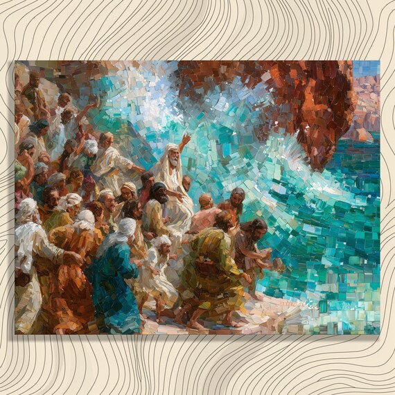 Moses Parting the Red Sea Mosaic Style Biblical Miracle Wall Art