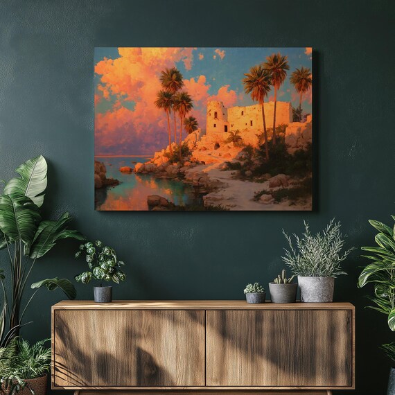 Tropical Palm Sunset Coastal Ruins Turquoise Cove Ocean Art Poster