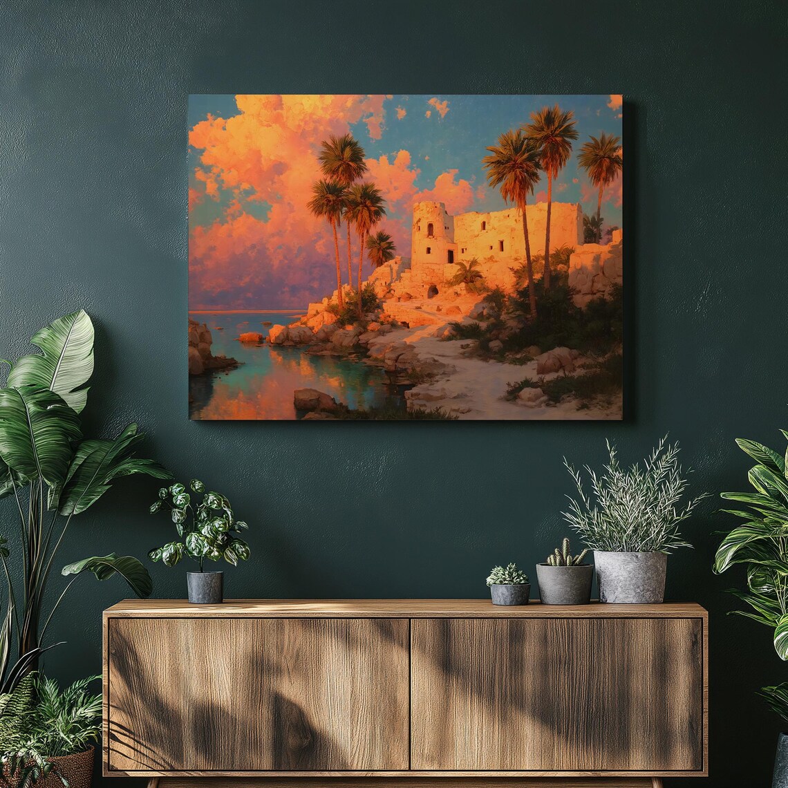 Tropical Palm Sunset Coastal Ruins Turquoise Cove Ocean Art Poster