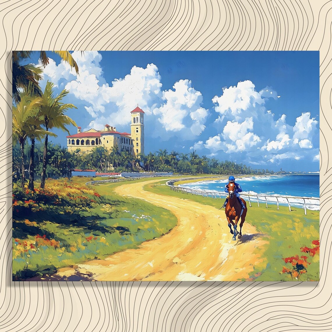 Seaside Horse Racing Track Jockey Riding Chestnut Horse Scene Poster