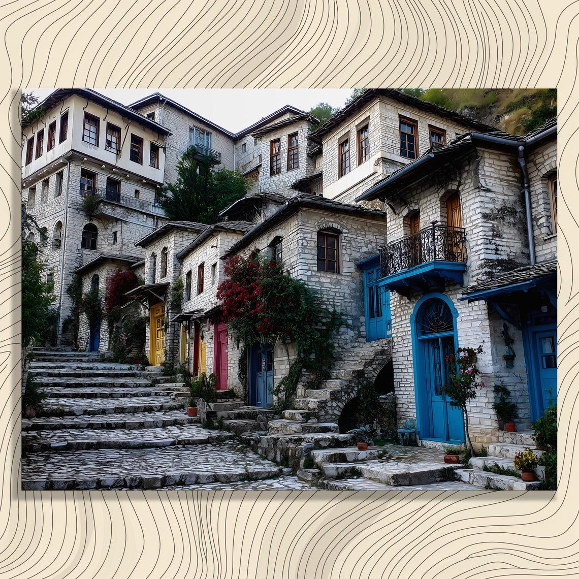 Old Stone Village Colorful Doors Cobbled Street Painting Poster