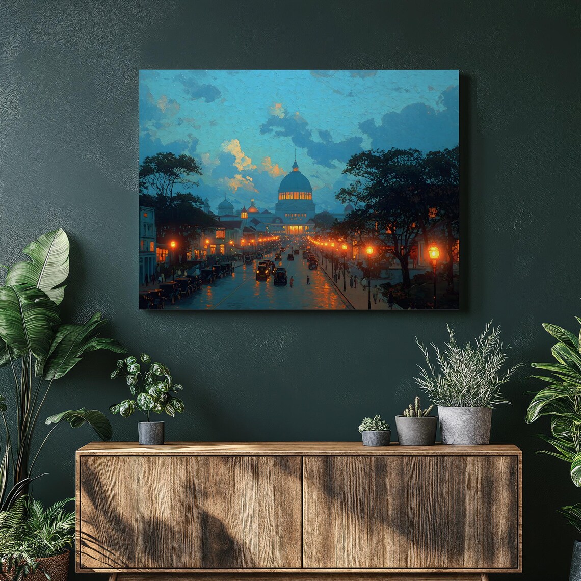Historic City Dome Twilight Avenue Vintage Cars Rainy Glow Poster