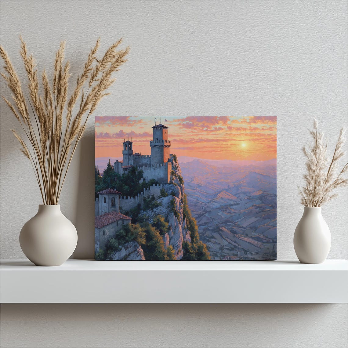 Medieval Hilltop Castle At Sunset Pastel Fortress Landscape Print